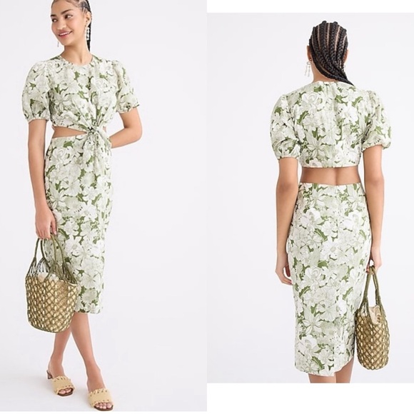 Cutout Dress by J Crew Liberty® Linear Floral Fabric Green White Organic Cotton - Picture 1 of 12